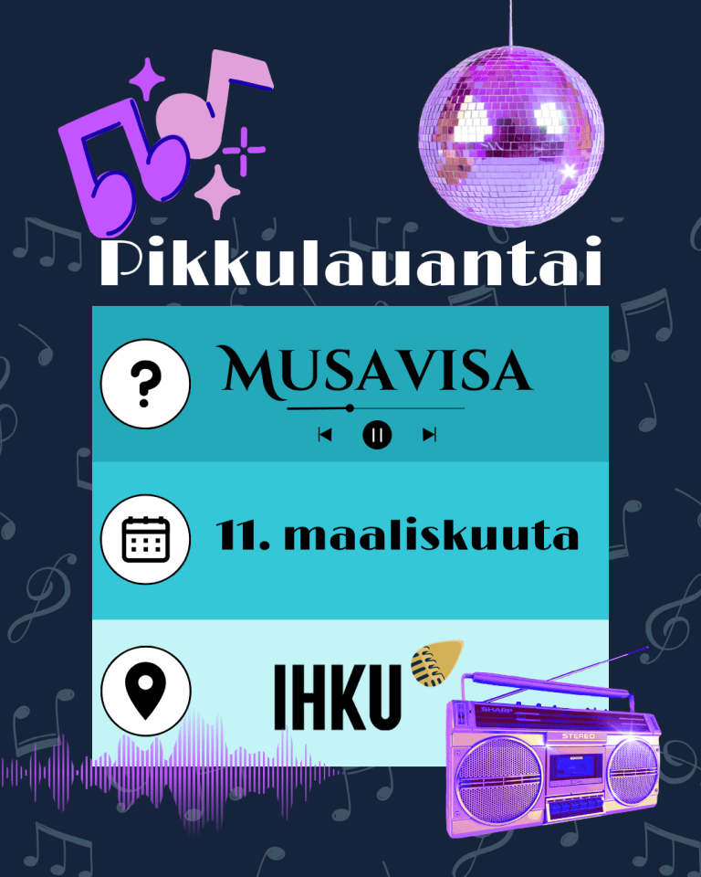 Tapahtumamainos Pikkulauantai -tapahtumasta. Aiheena Musavisa, päiväys 11.3. paikkana Ihku.