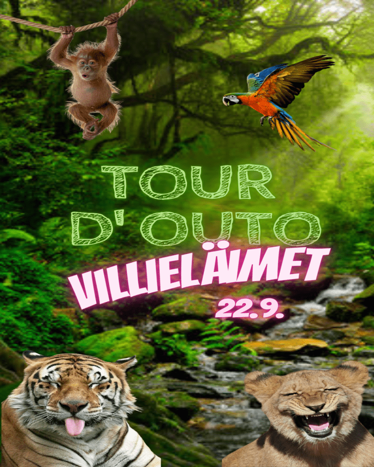 Tapahtumamainos Tour d' OUTO: Villieläimet. Viidakkotaustainen kuva, jossa näkyy apina, papukaija, tiikeri ja leijona. Mainoksessa lukee päivämäärä 22.9.