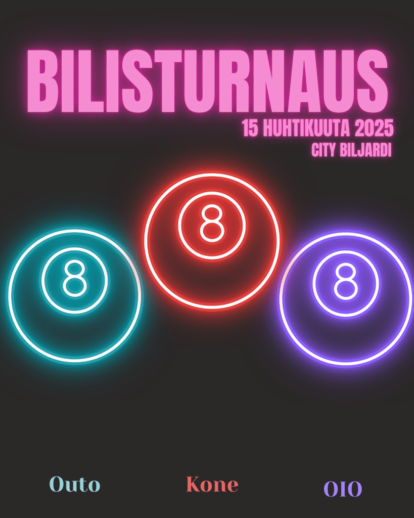 Tapahtumamainos Bilisturnaukselle. Kolme erinväristä kasipalloa tummalla taustalla. Päiväys 15.4.2025 ja paikka City biljardi.