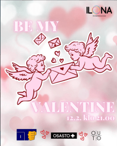 Tapahtumamainos Be my valentine -tapahtumalle. Päiväys 12.2. klo 21. Vaaleanpunainen sydäntausta ja kaksi vaaleanpunaista enkeliä pitelevät vaaleanpunaista kirjekuorta jossa sydän.