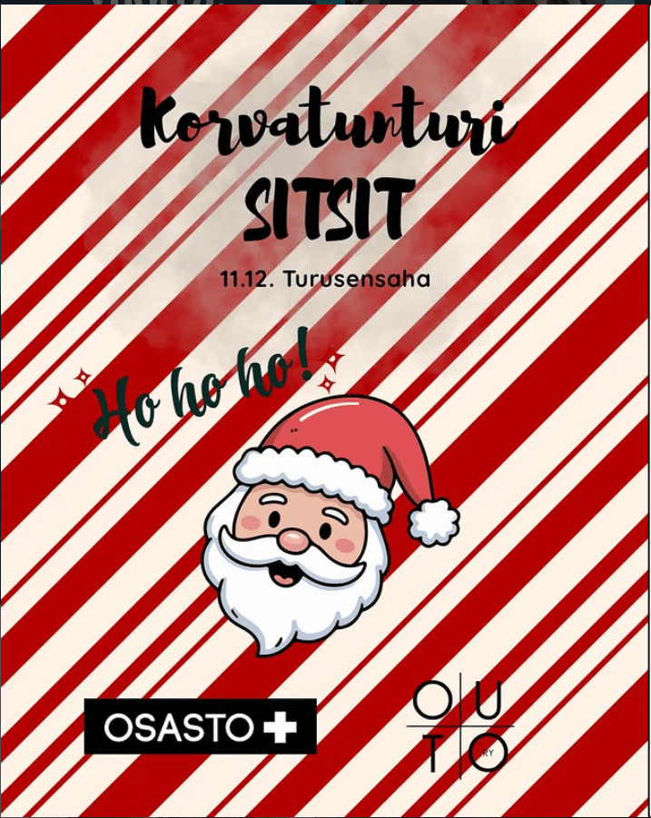 Tapahtumamainos Korvatunturi sitsit -tapahtumalle. Päiväys 11.12. paikka turusensaha. kuvan tausta punavalko raidallinen ja keskellä joulupukki.