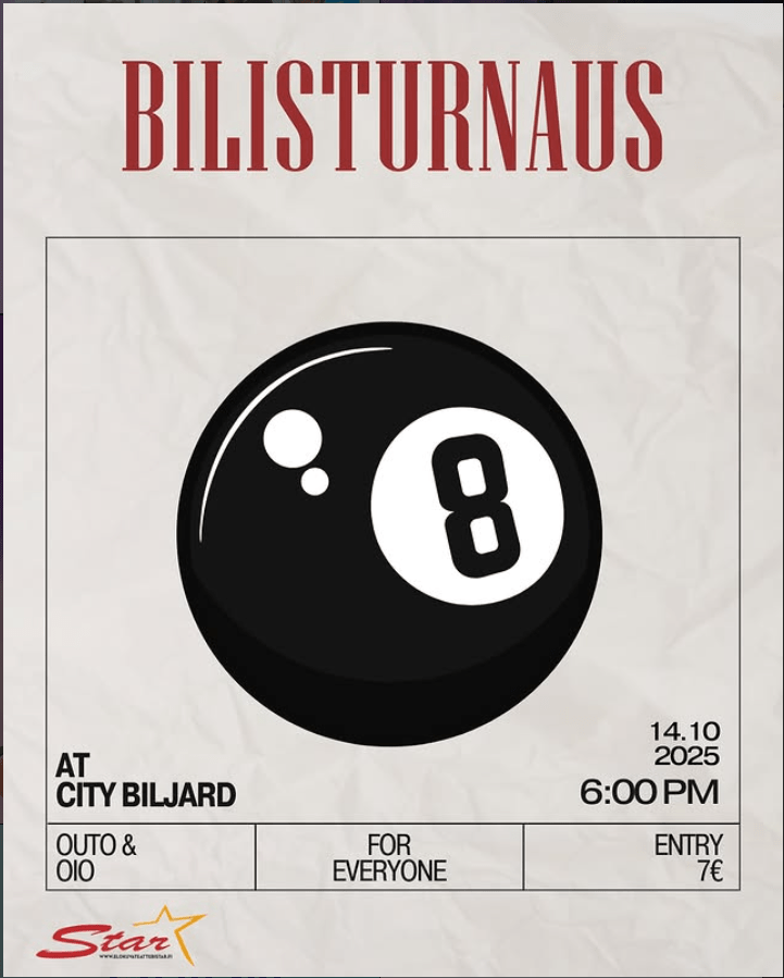 Tapahtumamainos Bilisturnaukselle. Päiväys 14.10. klo 18, paikka City biljard, hinta 7e.