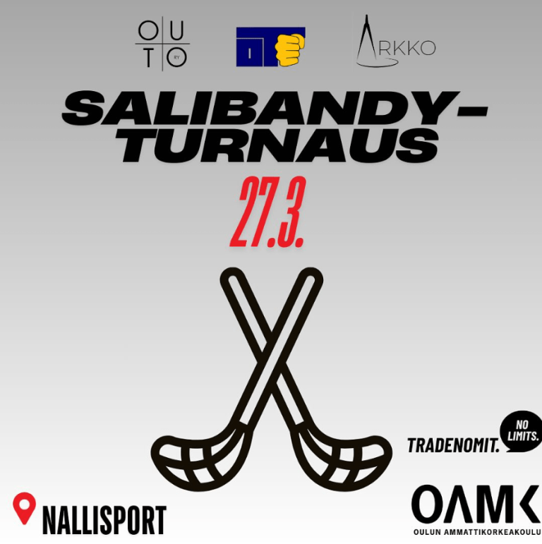 Tapahtumamainos Salibandyturnaukselle. Päiväys 27.3. ja paikka Nallisport. Kaksi salibandymailaa ristikkäin.