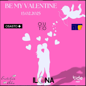Tapahtumamainos Be my valentine -tapahtumalle. Päiväys 13.2.2025. Pinkki tausta, jossa suuteleva parisiluetti sekä Cupid, joka ampuu jousipyssyllä sydämiä.