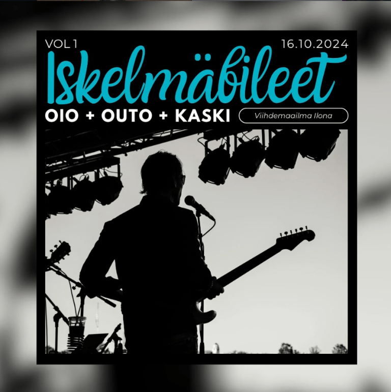 Tapahtumamainos Iskelmäbileet -tapahtumalle. Päiväys 16.10.2024 ja paikka Viihdemaailma Ilona. Artisti esiintymässä lavalla.