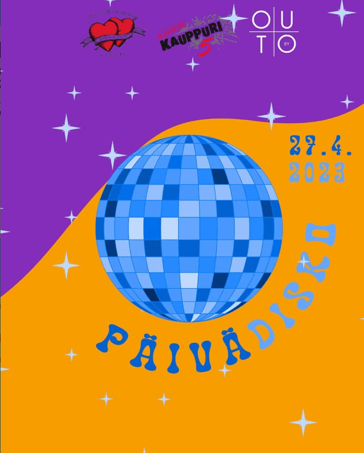 Tapahtumamainos Päivädisko -tapahtumalle. Päiväys 27.4.2023. Tausta puoliksi violetti ja puoliksi oranssi. Keskellä sininen diskopallo.