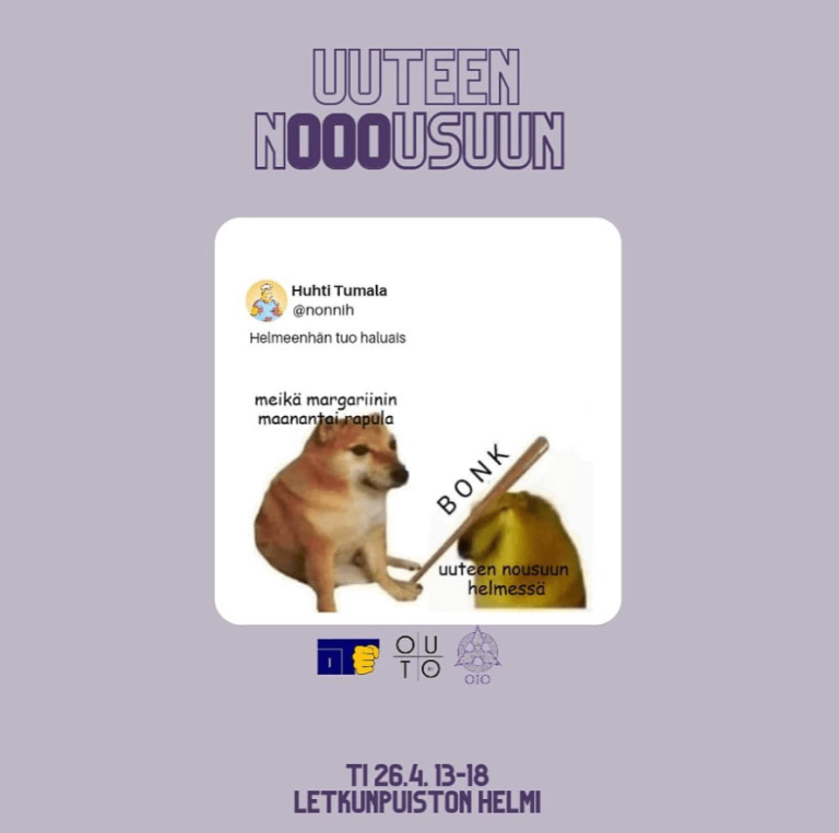 Tapahtumamainos Uuteen nooousuun -tapahtumalle. Päiväys 26.4. klo 13-18, paikka Letkunpuiston Helmi.