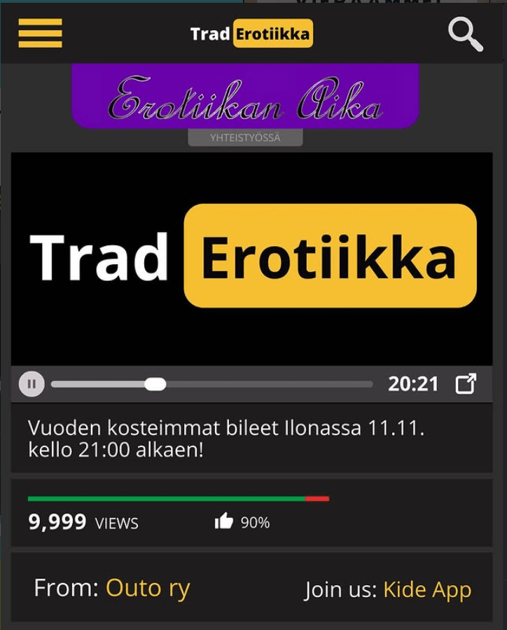 Tapahtumamainos Traderotiikka -tapahtumalle. Päiväys 11.11. klo 21, paikka Ilona.