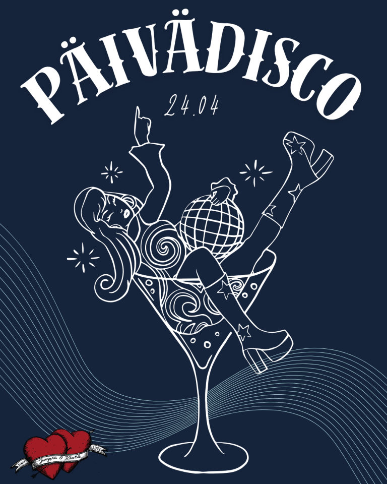 Tapahtumamainos Päivädisco -tapahtumalle. Valkoisilla ääriviivoilla piirretty nainen juomalasissa. Päiväys 24.4.