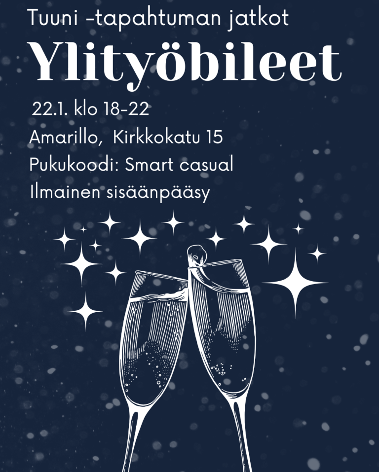 Tapahtumamainos Ylityöbileet -tapahtumalle. Tummalla taustalla kaksi skumppalasia. Päiväys 22.1. klo 18-22, paikka Amarillo, pukukoodi Smart casual, ilmainen pääsy.