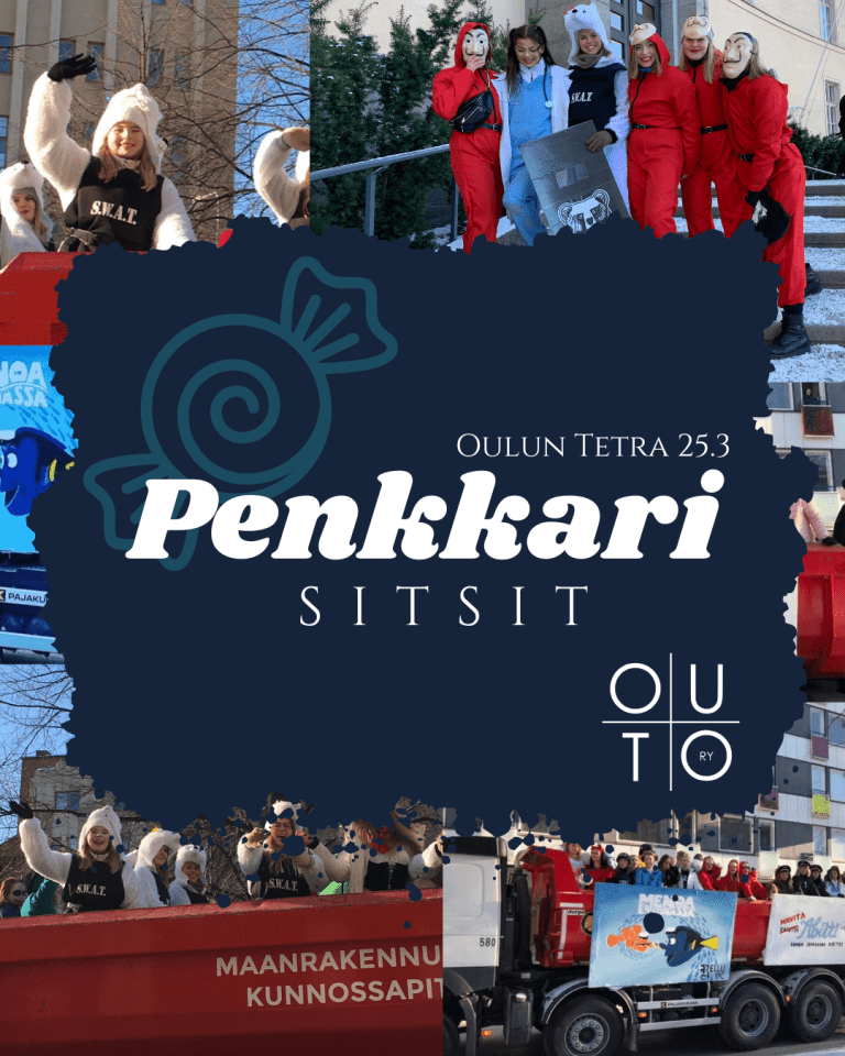 Tapahtumamainos Penkkarisitsit. Mainoksen taustalla kuvia ihmisistä penkkariasuissa sekä rekkojen kyydissä. Mainoksessa lukee päiväys 25.3. ja paikka Oulun tetra.